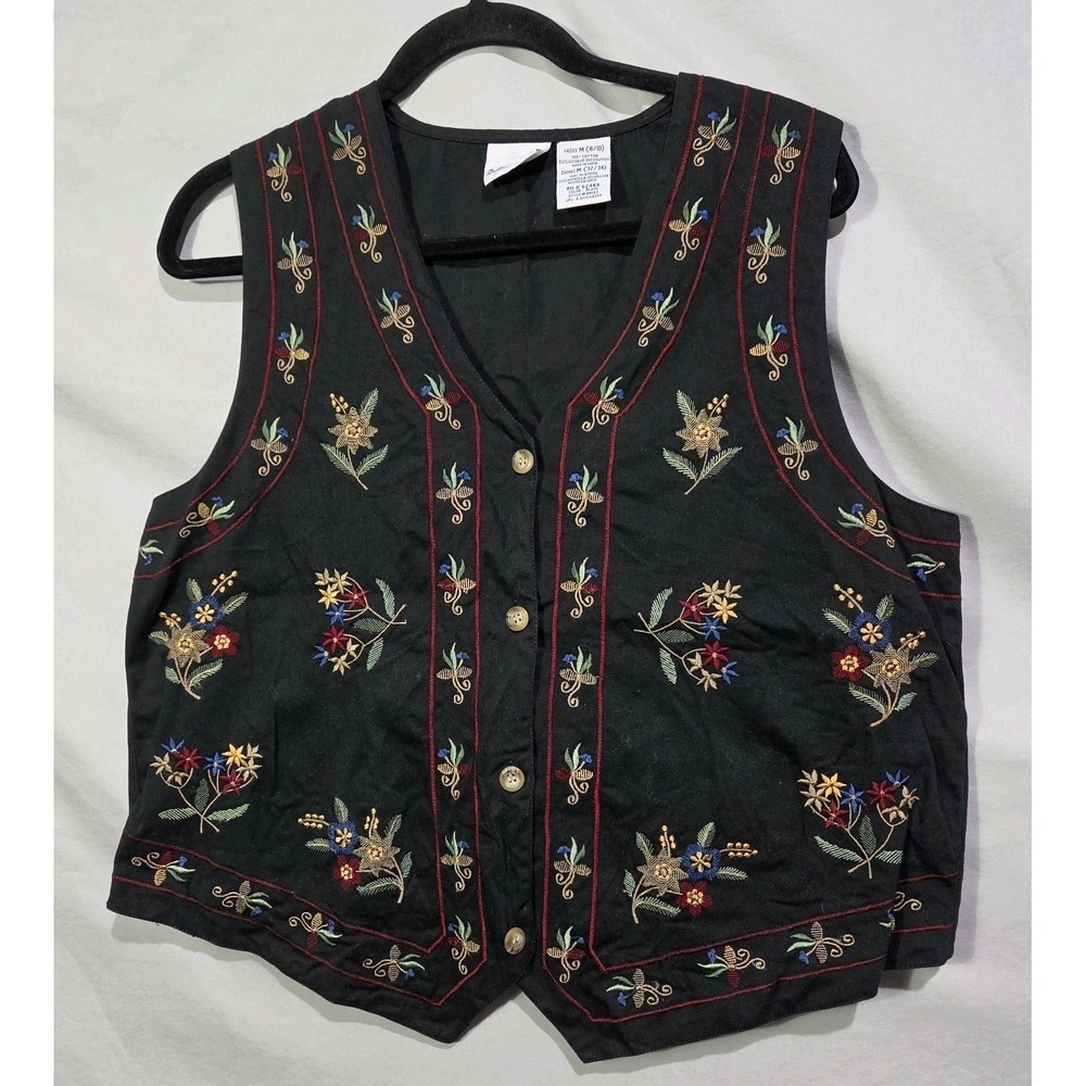 Bobbie‎ Brooks Floral Embroidered Vest Womens Medium Black Vintage 90s Cottage